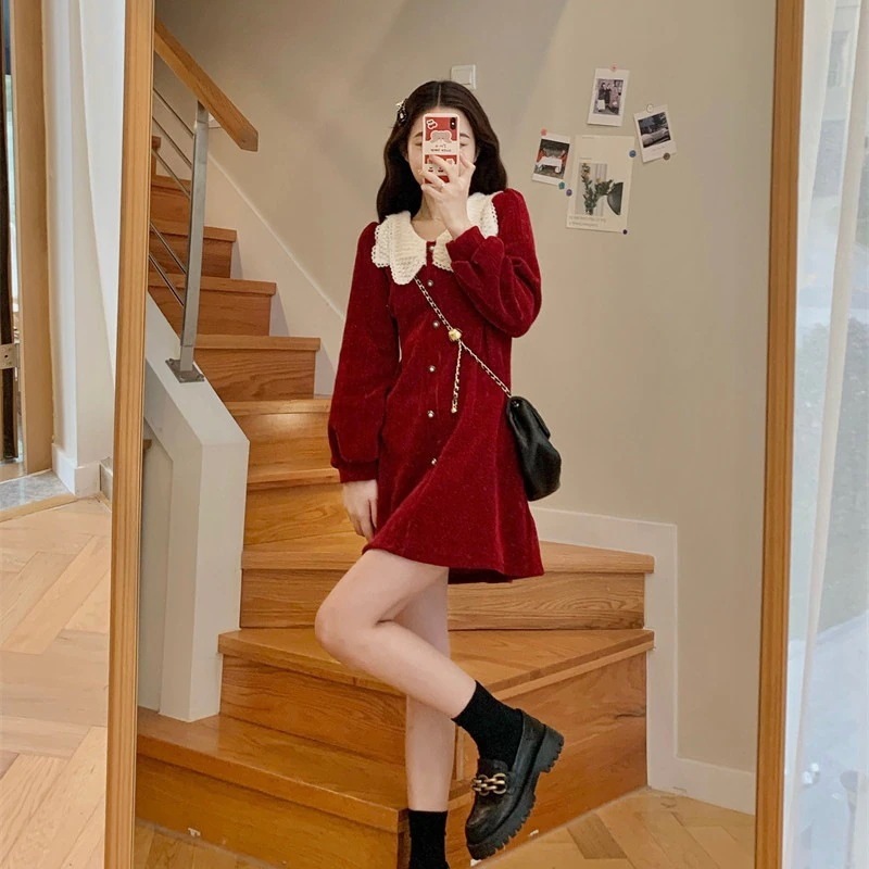 春先取 ワンピース ベビーカラー 長袖ワンピース 短いスカート ハイウエスト あちこち やせて見える 韓国ファッション レディー