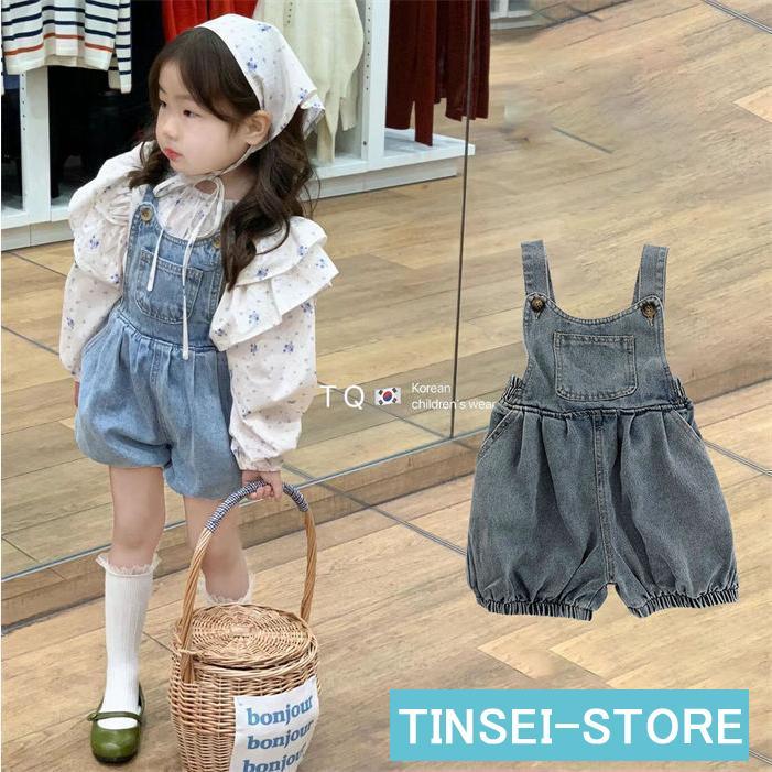 [即納]いまだけの超SALE価格！ 140 130 120 110 100 90 ターバン付き ショートパンツ シャツ トップス デニム サロペット 上下セット 春秋 ブラウス 女子 子供服 ベビー