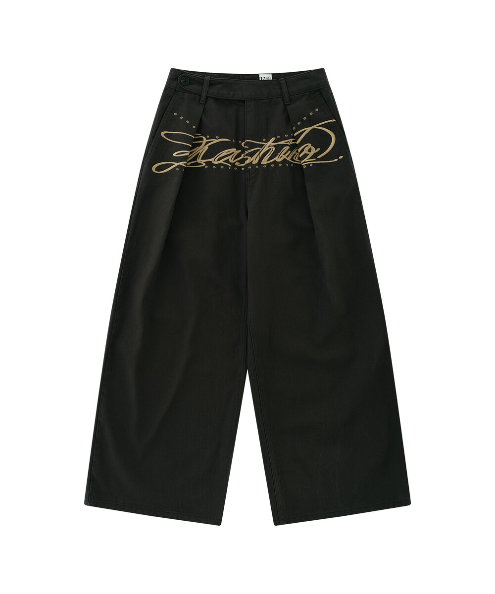 【KASHIKO】 EMBROIDERED PINTUCK WIDE PANTS : CHARCOAL