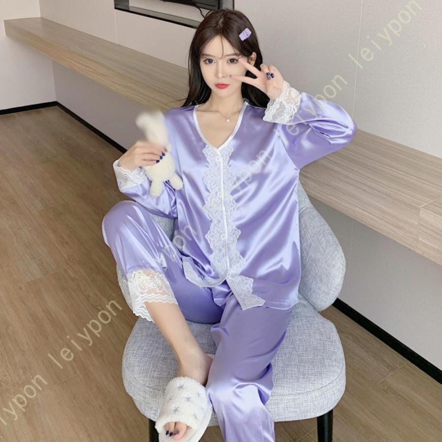 レースフリル パジャマ レディース ルームウエア レディース 長袖 長ズボン 上下 2点セット 可愛い ナイトウエア 大きいサイズ 春秋 ゆったり 柔軟