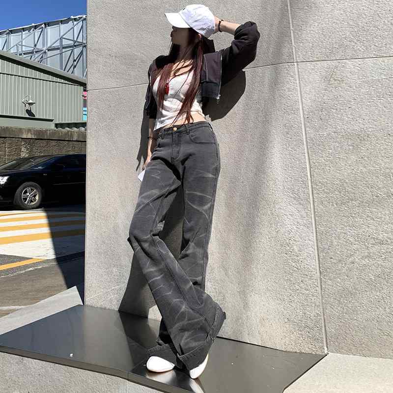 デニムパンツ レディース ボトムス タイダイ ジーンズ 絞り染め フレア ロング スモーキー 秋冬 ブラック