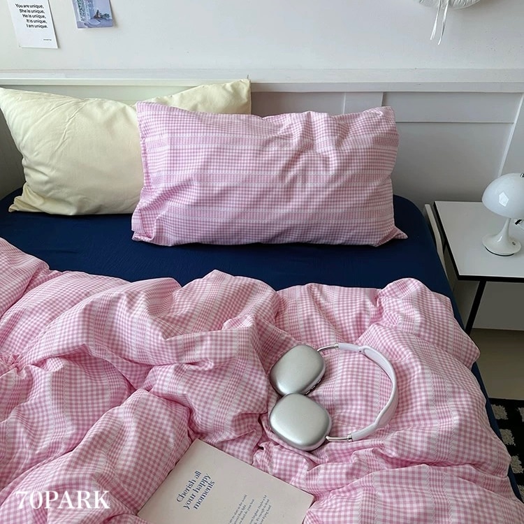 ピンク ミックス チェック柄 布団カバーセット 全2サイズ ベッドカバー オールシーズン 通年 シングル クイーン ベッドリネン おしゃれ 韓国 北欧インテリア 韓国インテリア 韓国 70PARK