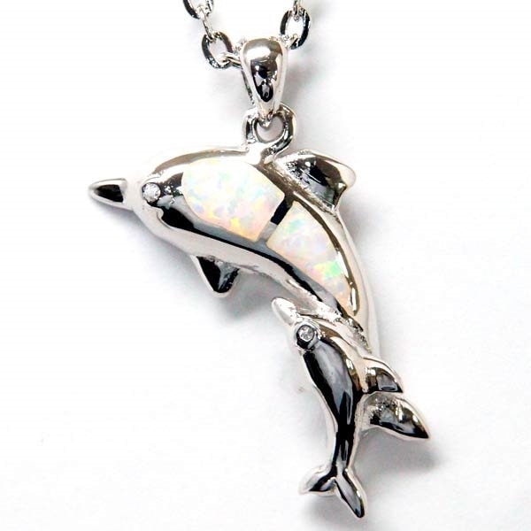 ハワイアンジュエリー ペンダント ネックレス ドルフィン イルカ 親子 ホワイトオパール クリアジルコニア レディース シルバー925