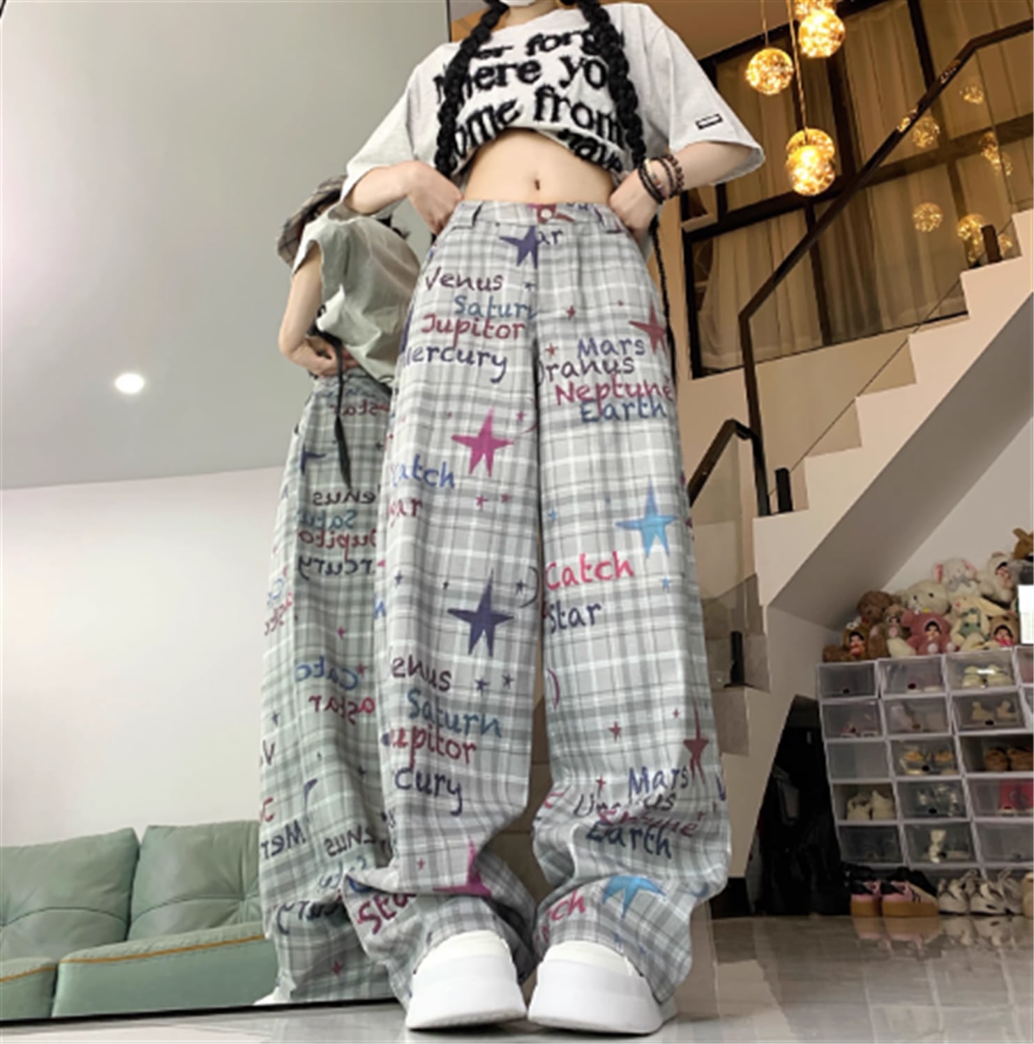 レディース パンツ ボトムス ロング ワイド カラフル 星 スター 英字 グラフィティー 落書き ペイント 大人可愛い カジュアル おしゃれ かっこいい 春 秋 10代 20代 30代 40代