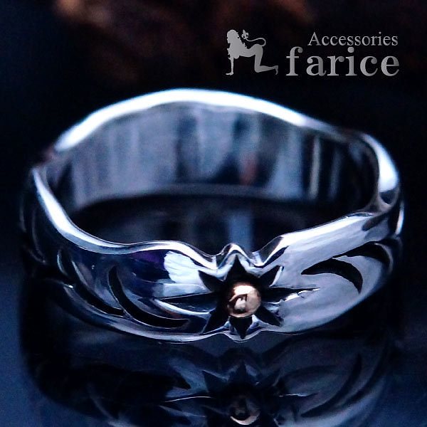 サン(太陽) ＆ツタ柄彫り イエローゴールドバイカラー ウェイブカットデザイン メンズ インディアンジュエリー シルバー925 リング 6,003円