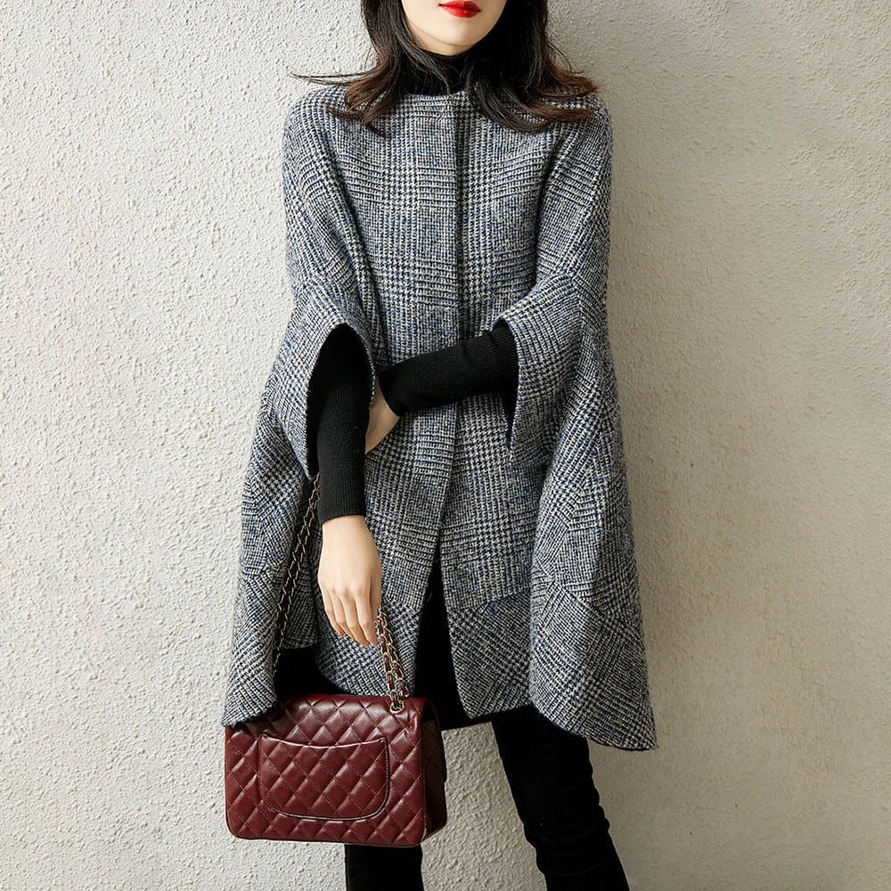 【人気沸騰】 フェミニンラウンドネックチェック柄ルーズポンチョ