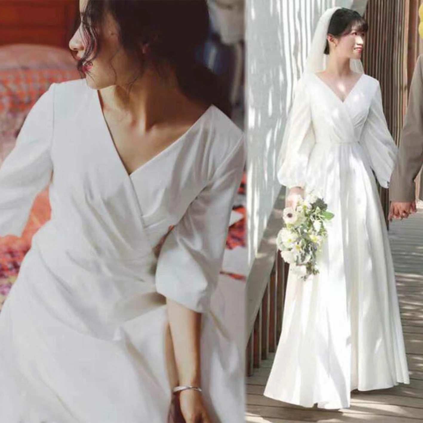 ウェディングドレス 花嫁ドレス ロングドレス Aライン 長袖 Vネック 二次会ドレス フォーマルドレス シンプル パーティードレス 細見え エレガント ブライダル 演奏会 音楽会 海外挙式 二次会 披