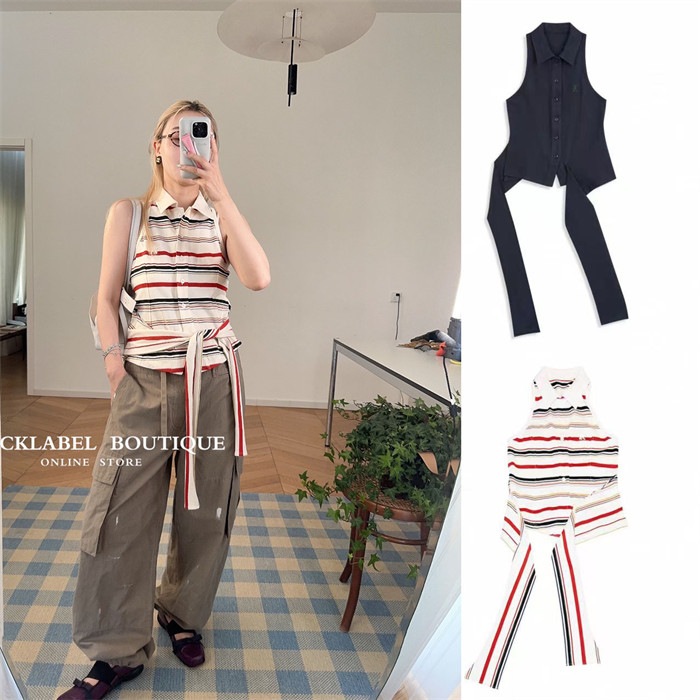 【OPEN Yy】 STRIPE TRIM POLO SLEEVELESS : CHARCOAL MULTI 【並行輸入品】