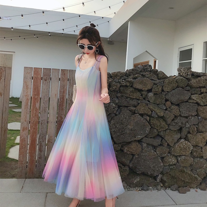 グラデーションキャミワンピース ワンピース フレアワンピース ワンピドレス ロング ロング丈 袖なし ノースリーブ Vネック フレア Aライン チュール シフォン 透け感 かわいい 大人可愛い