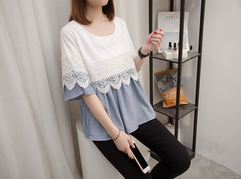 トップス シャツ ブラウス 袖あり 5分袖 五分袖 ラウンドネック ストレート 切り替えデザイン ドッキング レース 綿 かわいい カジュアル おしゃれ お洒落 大人可愛い 大人女子 ストライプ 夏