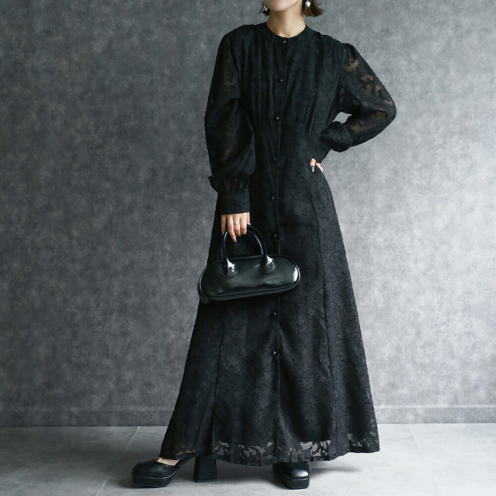 前開き ワンピース レディース きれいめ フラワージャガードワンピース 黒 ロングワンピース 長袖 薄手 羽織 花柄 フラワー ワンピ ドレス カジュアル フォーマル デート 女子会 演奏会 観劇 ラ