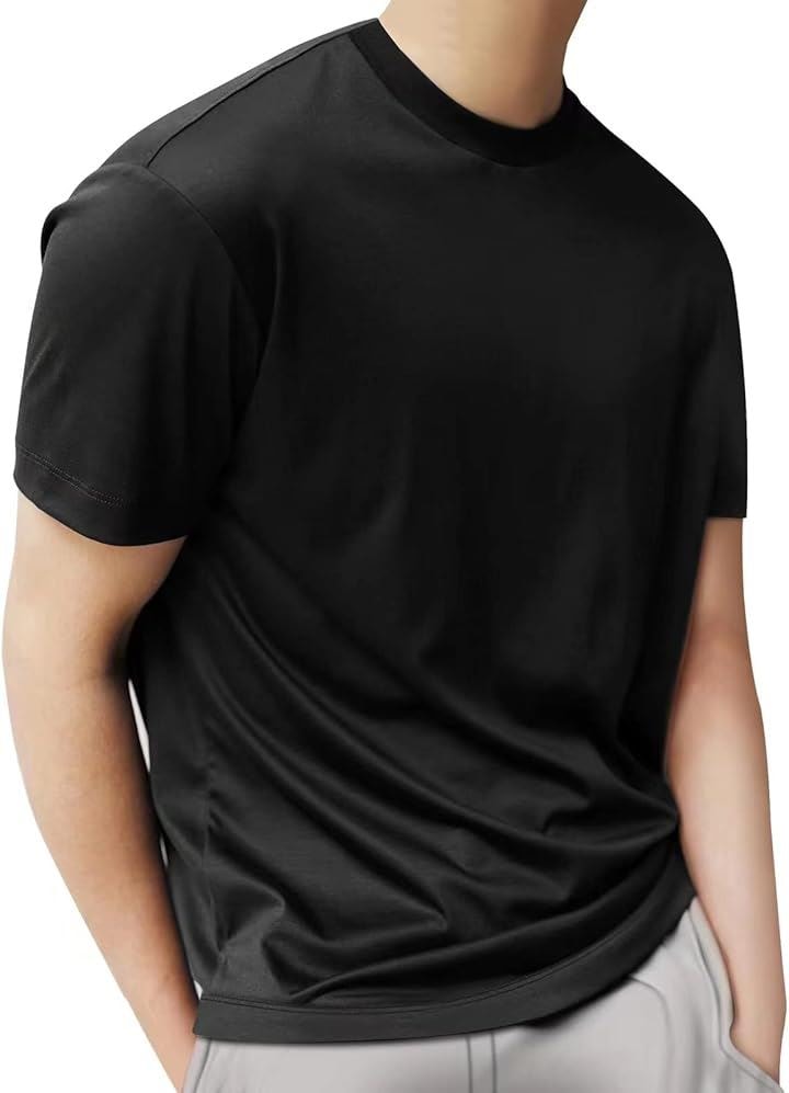 Tシャツ メンズ 半袖 綿100% クルーネック 無地 定番 ビジカジ 柔らかい肌触り 洗える 防シワ加工 液体アンモニア加工 かっこいい おしゃれ トップス 人気(ブラック, L)