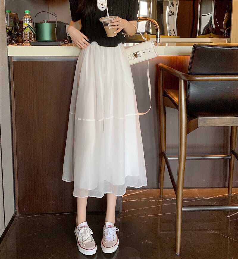 スカート ボトムス ミモレ丈 フレア ティアードスカート 薄手 ウエストゴム ボリューム モード 透け感 シアー シースルー ハイウエスト ワイド ゆったり ストレッチ 韓国 かわいい 可愛い lbo