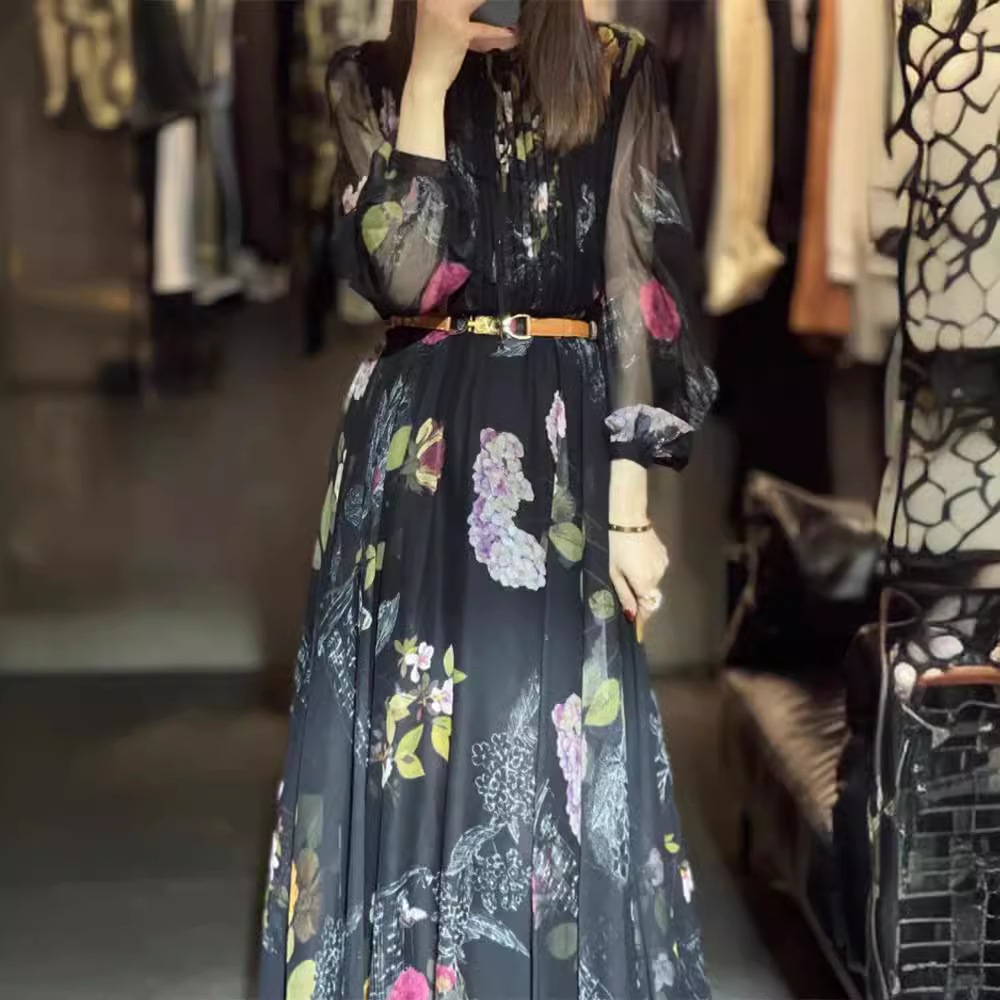 チェックブレイクフレンチブラックフローラルドレススプリングドレスレディースニュー2024コールドアンドロイヤル姉妹スタイル素敵なビューティースカート