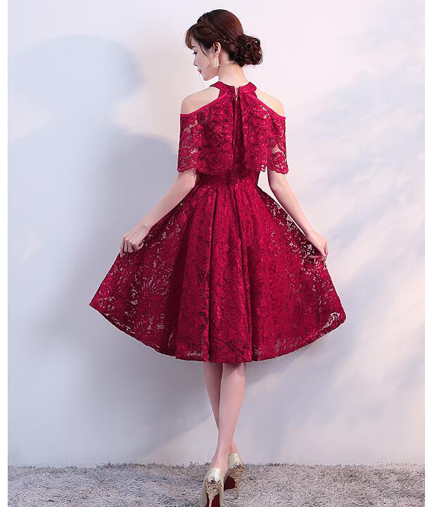 立ち襟 レッド 刺繍 ミモレ丈ドレス ウエディングドレス パーティードレス ミディアムワンピース フ