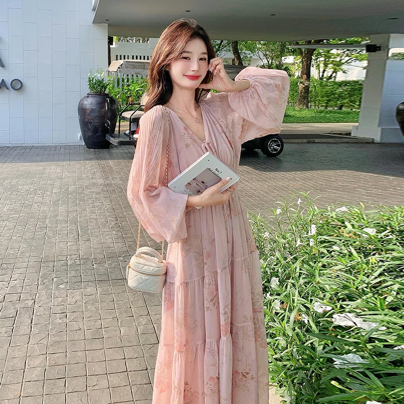 【急速出荷!】2025 新作 ワンピース 夏 半袖 長袖ワンピース ロングワンピース ロング シフォンワンピ ベアワンピ レースワンピ ドレス パーティードレス女性のための花柄の長袖ドレスピンクピンク