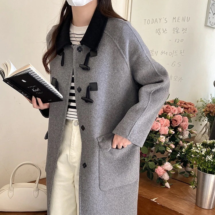 両面カシミアコート レディース ホーンボタン カラーリバーシブルカラー ミディアムロング 両面カシミアウールコート 7,699円