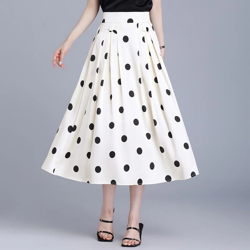 ドット柄大きいサイズ Aライン プリーツスカート夏新型韓国痩せ中ロングスカート