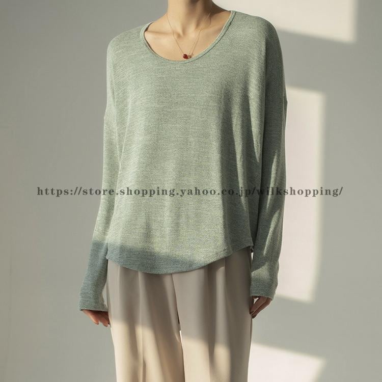 ニットソー トップス tシャツ カットソー 長袖 クルーネック やや透け レディース