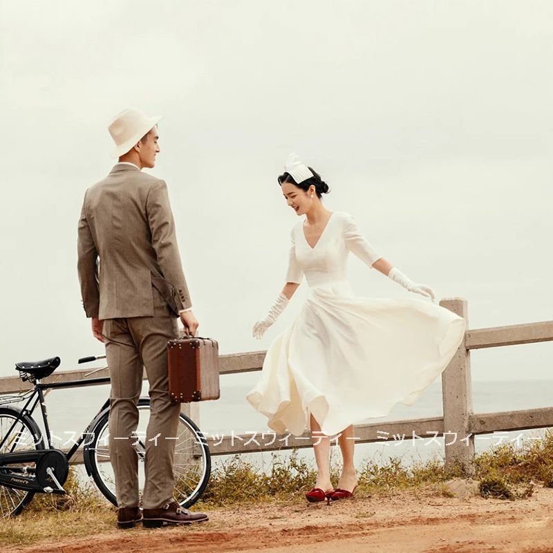 ウェディングドレス aラインドレス 半袖 ウエディングドレス 二次会 花嫁 パーティードレス 披露宴 ブライダル 結婚式 ミモレ丈ドレス 演奏会 ハネムーンフォト