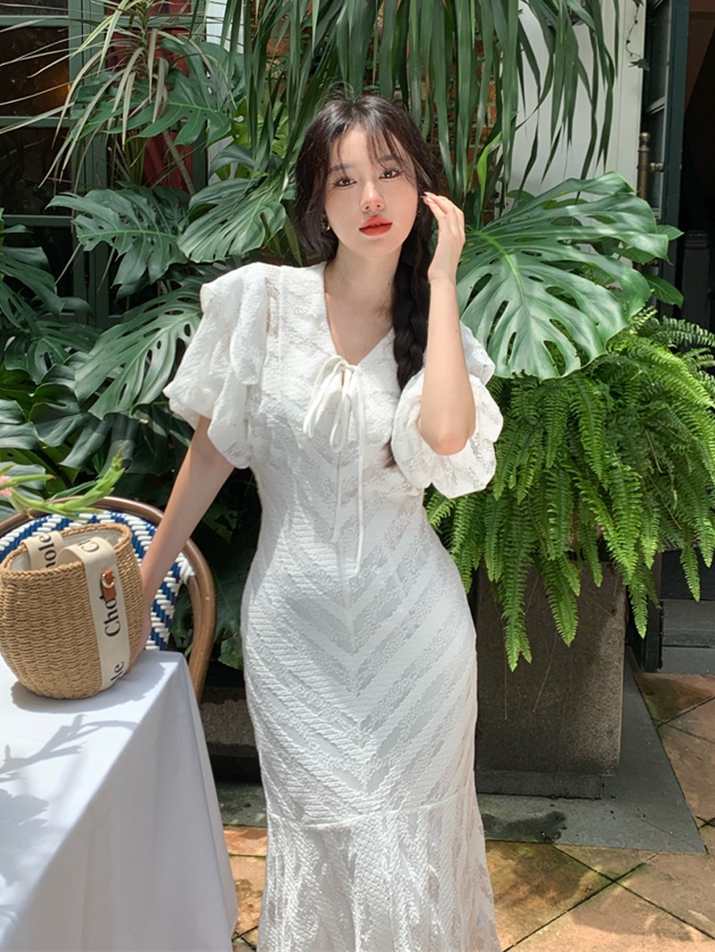 レースラペルワンピース フィッシュテール レースワンピース ホワイト ドレス ワンピース スリム パフスリーブ ロング レディース インナー付き デート お呼ばれコーデ オフィスコーデ C182