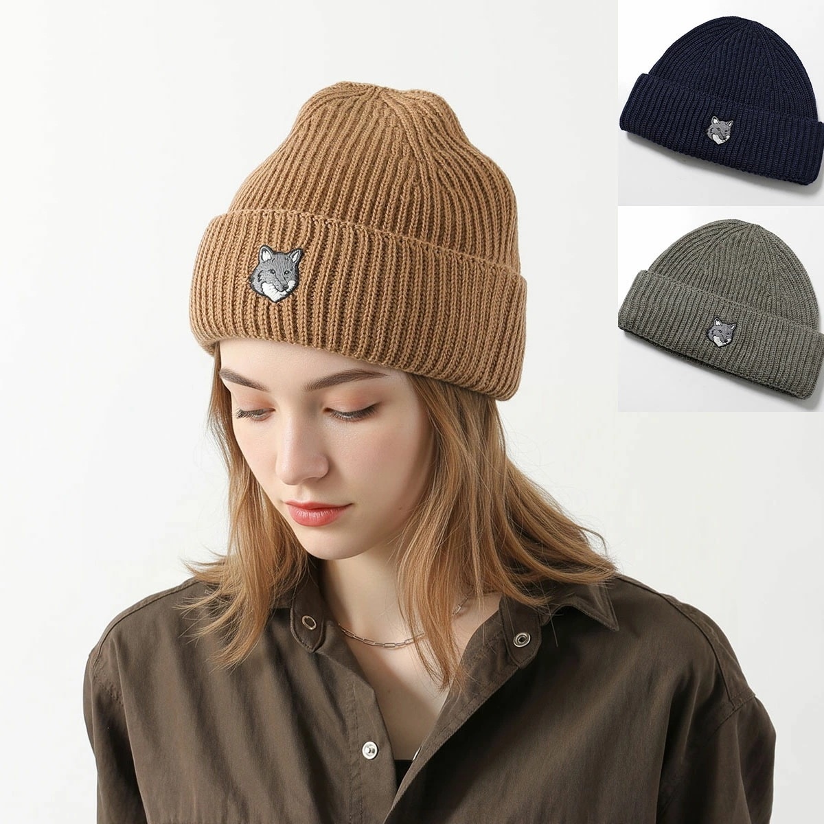 MAISON KITSUNE メゾンキツネ ニット帽 PM06112KT1022 レディース ニットキャップ ビーニー フォックス刺繍 リブ ウール カラー3色