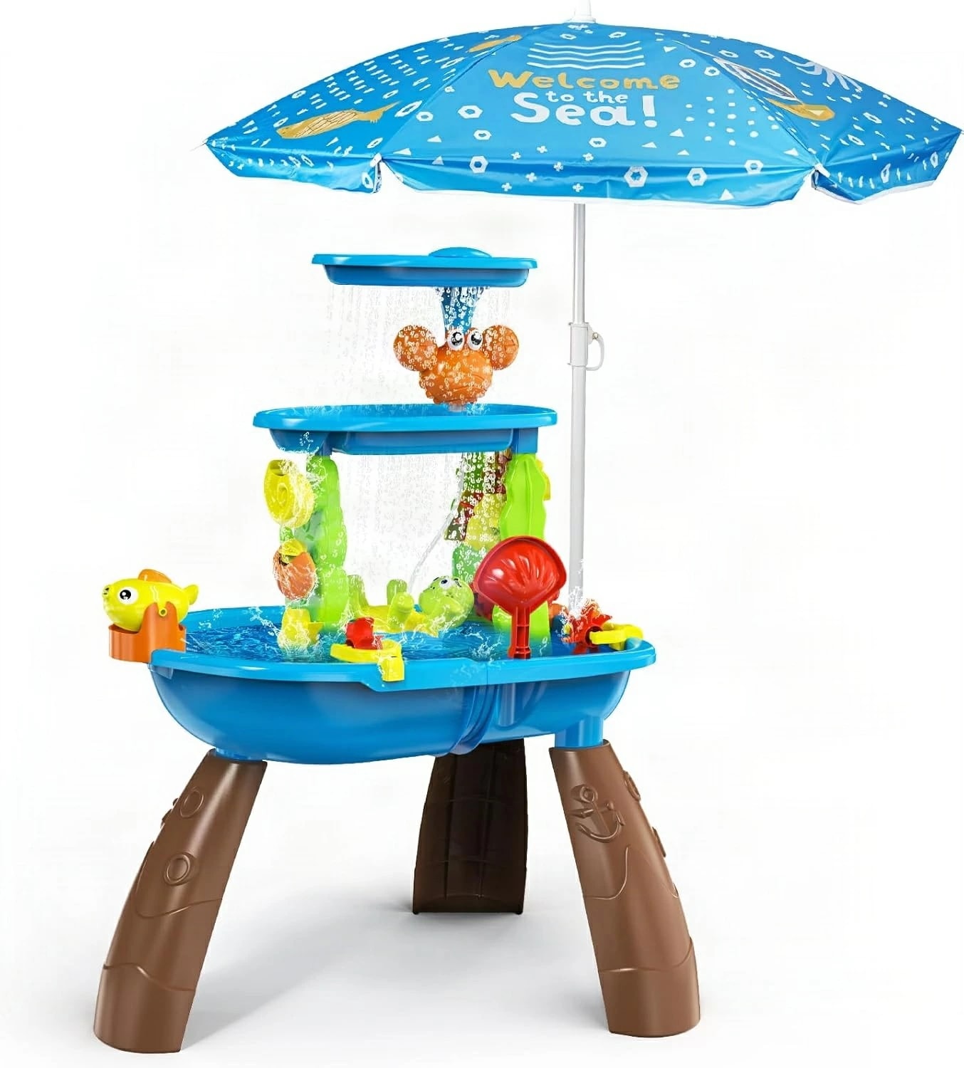 2025年 水遊び ウォーターテーブル 自動給水 日よけパラソル付 カメポンプ＆フグ噴水 組立簡単 豊富アクセサリー付 夏 室外 ビーチ 水のおもちゃ 子供向け ギフト 親子