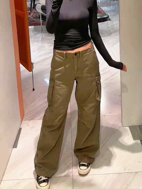 レディース ファッション オシャレ カワイイ シンプル 人カワイイ きいサイズ グリーン ポケット アメリカン 薄手 パンツ ストレート