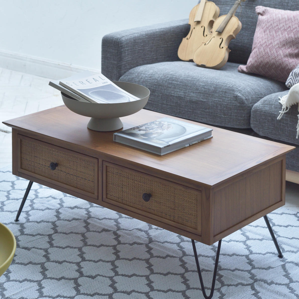 センターテーブル 幅100cm 収納付 天然木 ラタン調 ローテーブル リビングテーブル テーブル 長方形 引き出し付き 木目調 チーク ナチュラル おしゃれ 37,980円