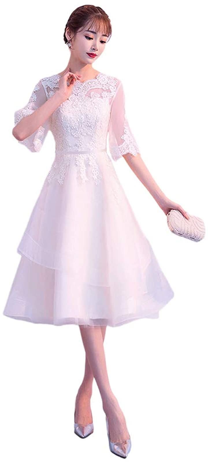 可愛い ウェディングドレス 二次会ドレス 結婚式 プリンセスラインドレス パーティードレス 新婦 挙式 ブライダル 袖あり 発表会 ホワイト( 白A-ひざ丈, S) 4,662円