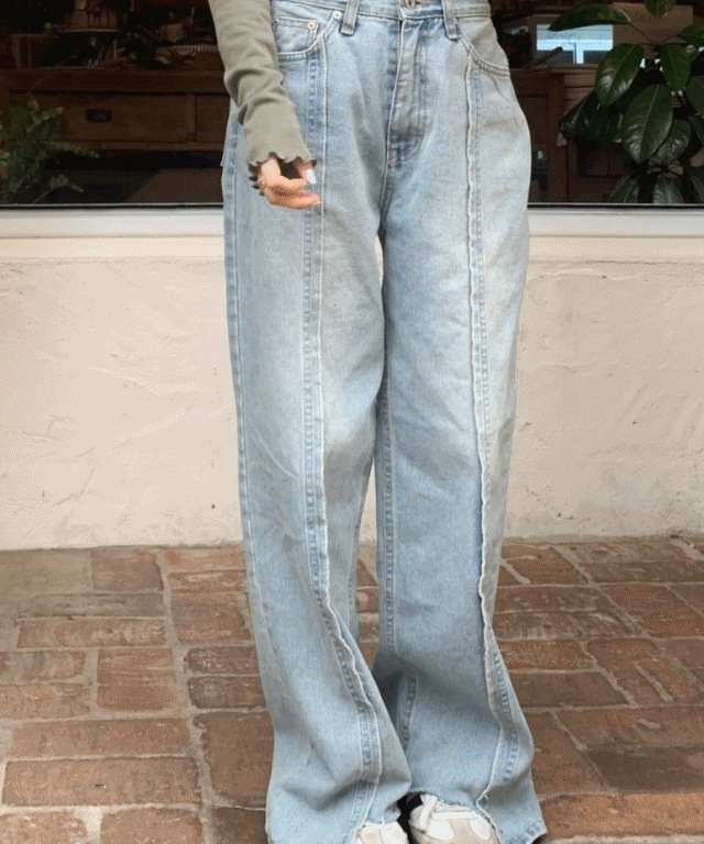 ディトデニムパンツ/デニムパンツ/ロングパンツ/切開パンツ/ミニマル/y2k/ワイドジーンズ/中青