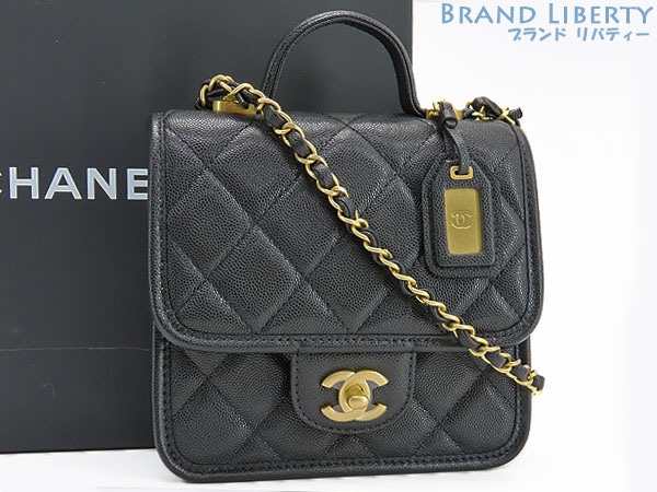 新古品シャネルマトラッセココマークキャビアスキン2WAYスモールトップハンドルフラップバッグハンドバッグAS3652