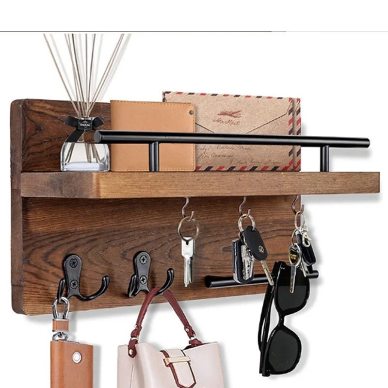木製ウォールキーホルダー棚付きメールホルダー装飾キーバッグコート傘用の大きなキーフック