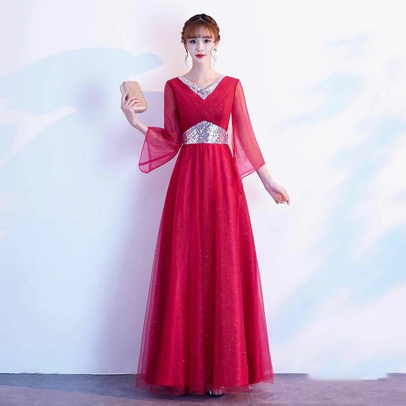 カラードレス ファスナー レッド 赤 パーティードレス ロングドレス 結婚式 二次会 発表会 演奏会 ウェディングドレス ウエディングドレス Vネック 袖 イブニングドレス コンサート コンクール カ