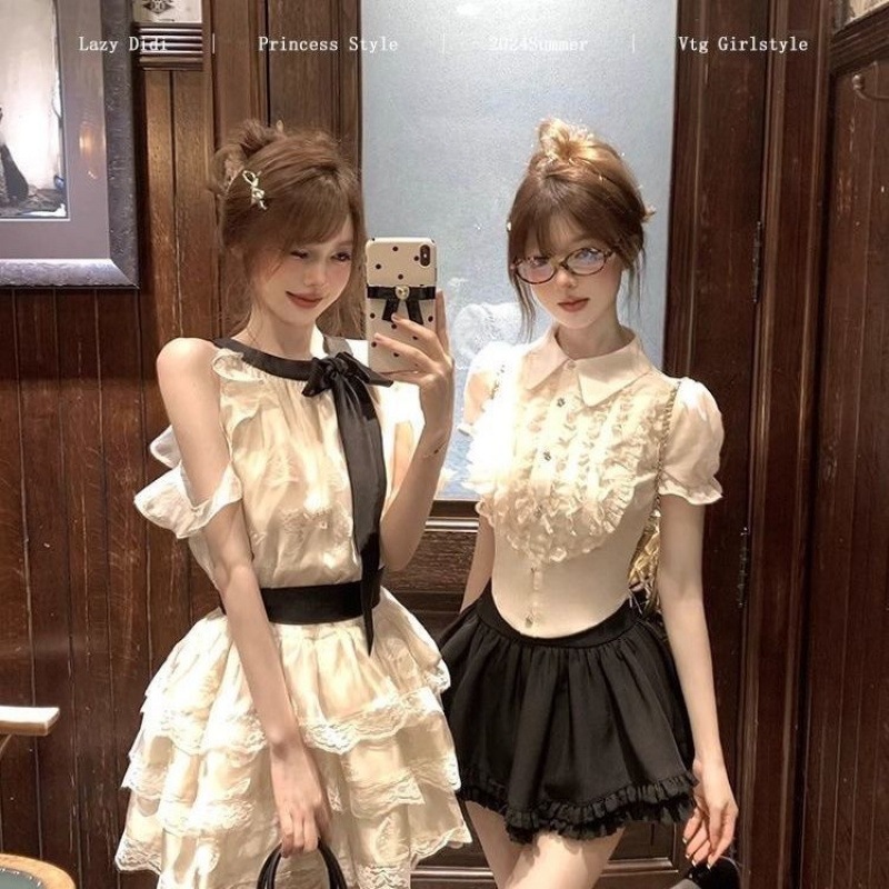 ハイエンドスイートドレスに憧れる夏フリルプリンセスオフショルダースリムふっくらショートスカート