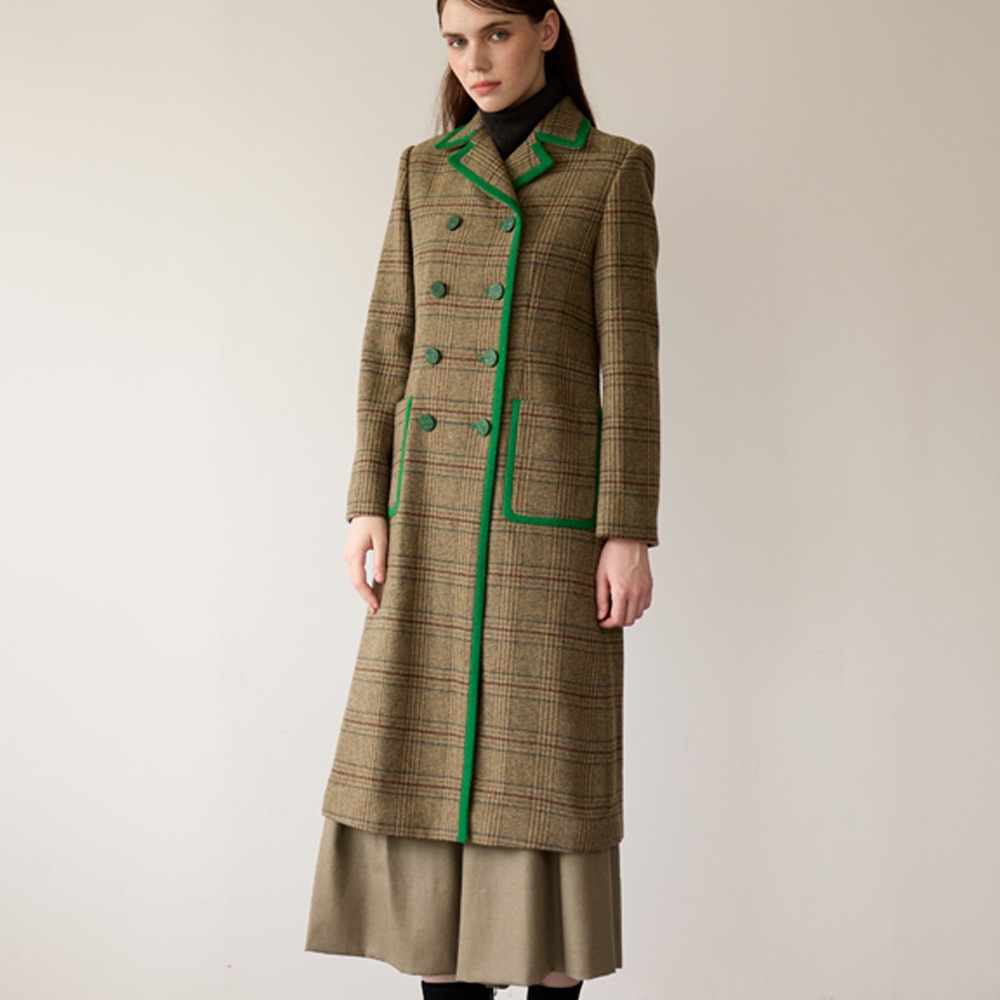 콤비 클래식컬 체크패턴 울 100% 더블브레스트 롱코트_VIVID-GREEN