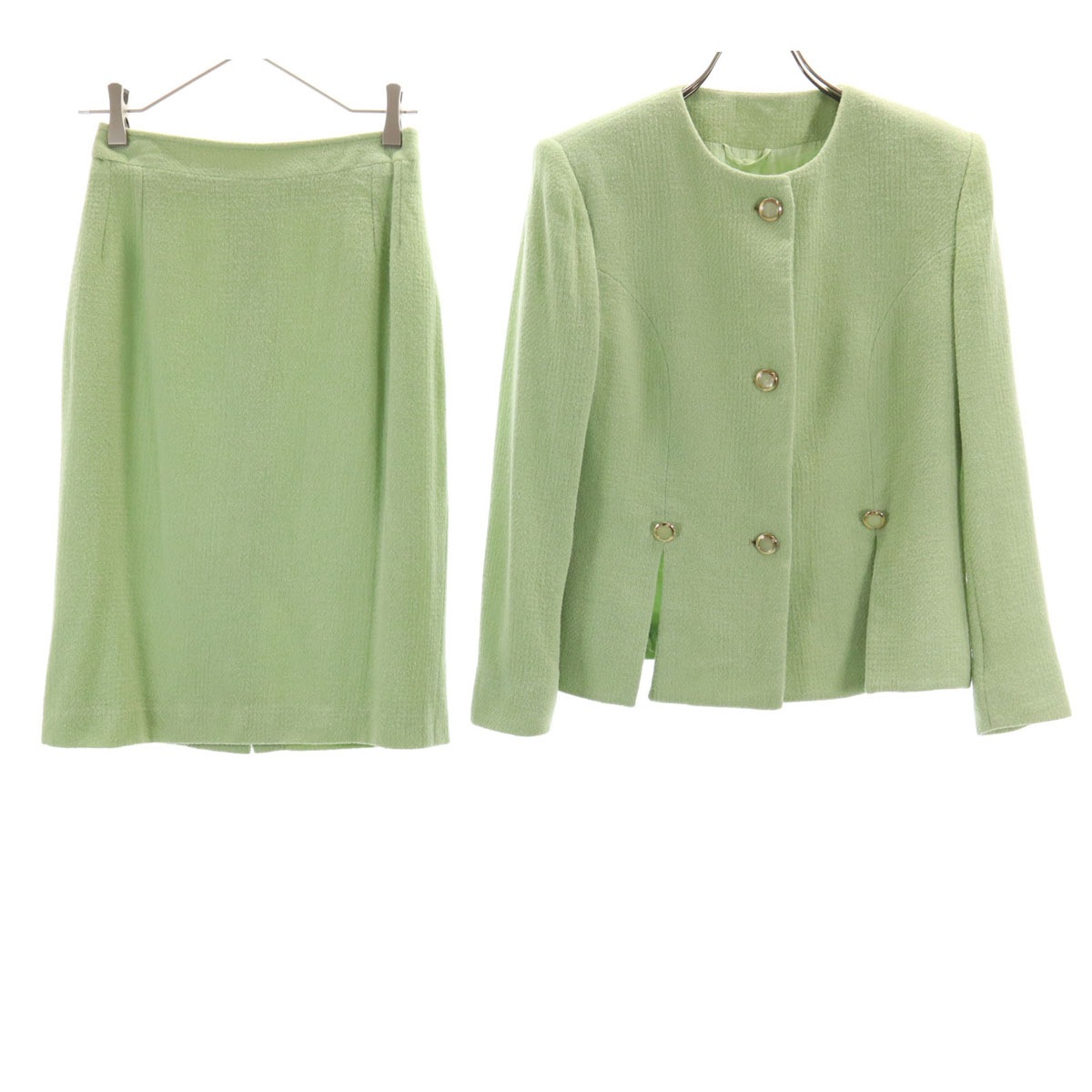 イタリア製 ウールブレンド ツイード スカートスーツ 上下セットアップ 42 グリーン系 レディース 古着