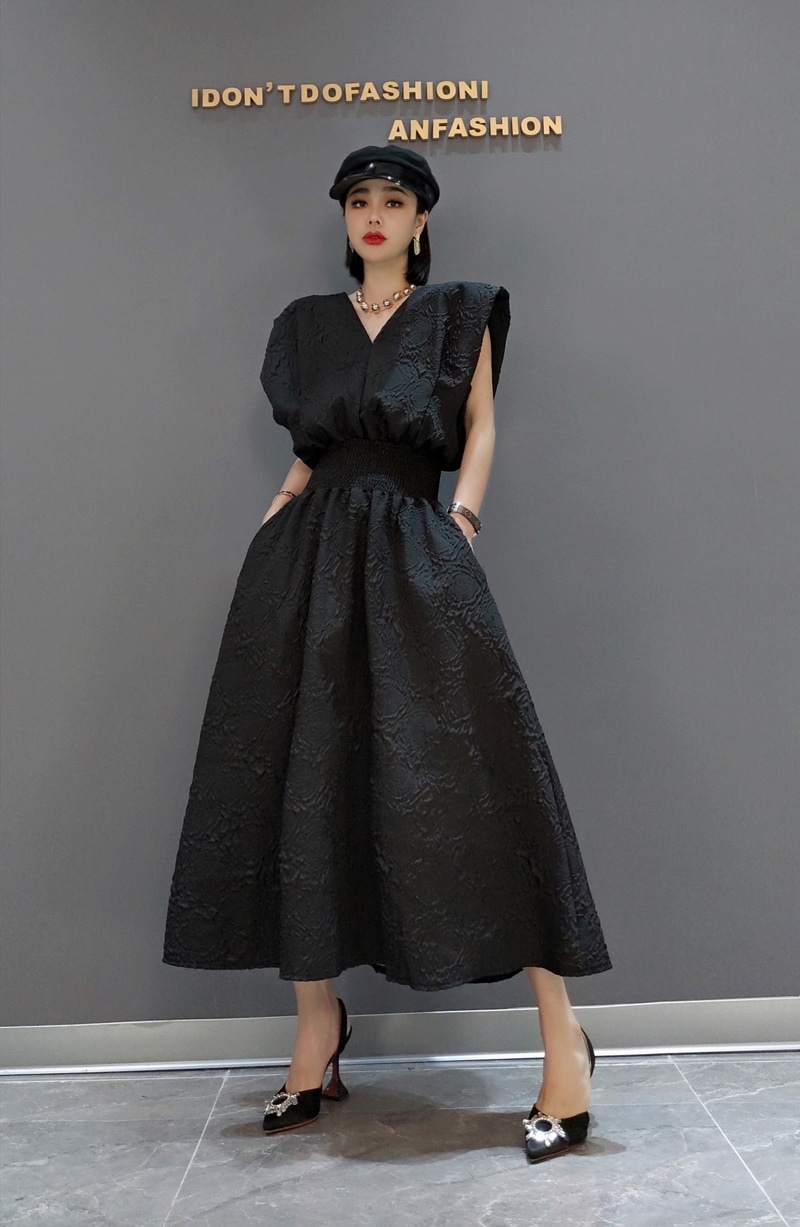 Vネックエンボスワンピース パワショル ふくれジャガード ロング ワンピース Vネックワンピース エンボス生地 ハーフスリーブ ワンピース ドレス レディース 可愛い 上品 デート お出掛け 春夏秋