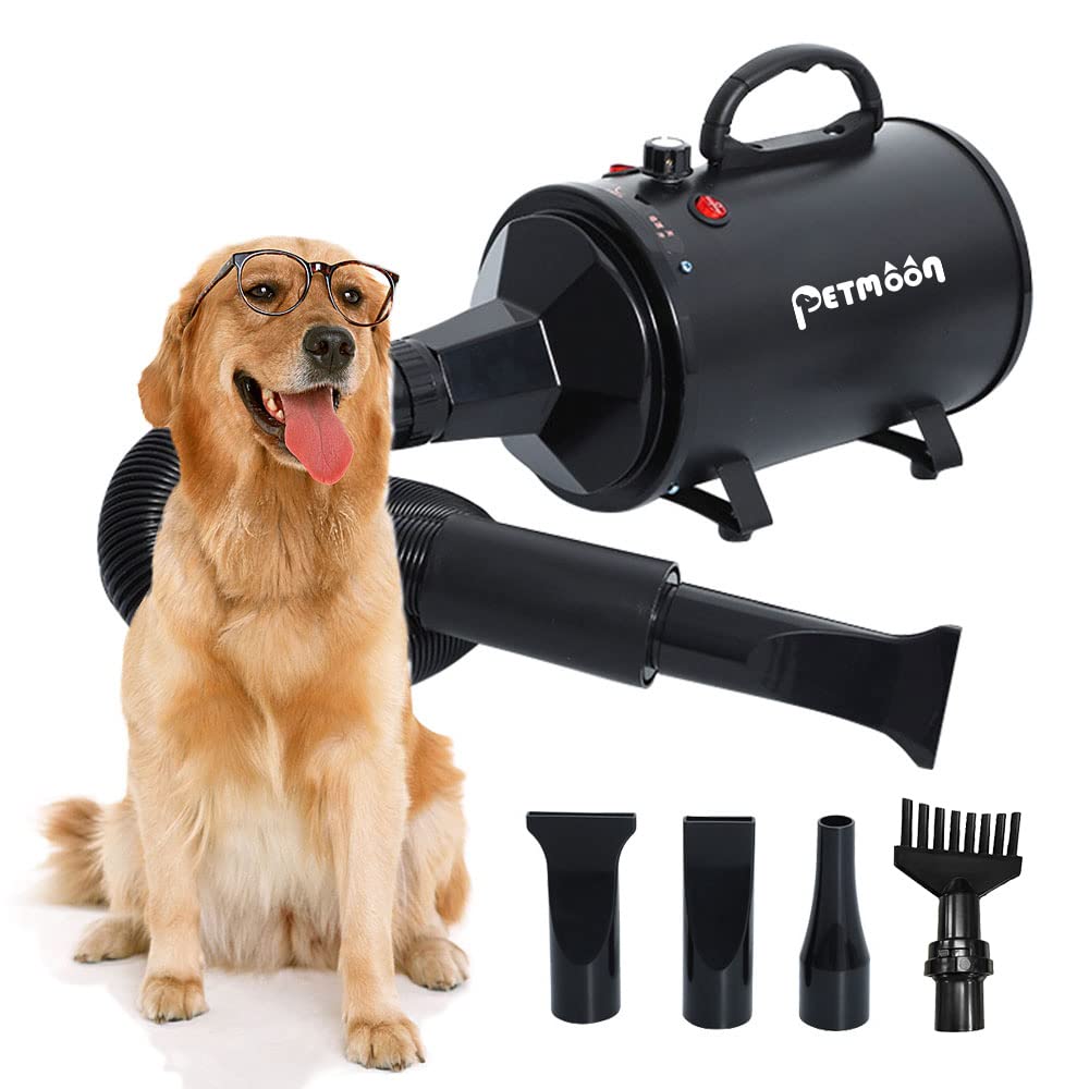 Petmoon ペットドライヤー ペットヘアードライヤー ブロワー 無段階速度制御 送風機 4つのノズル付き 家庭用 風速温度調整可能 強いブロー力 騒音低減 100V/1500W 日本語説明書付き