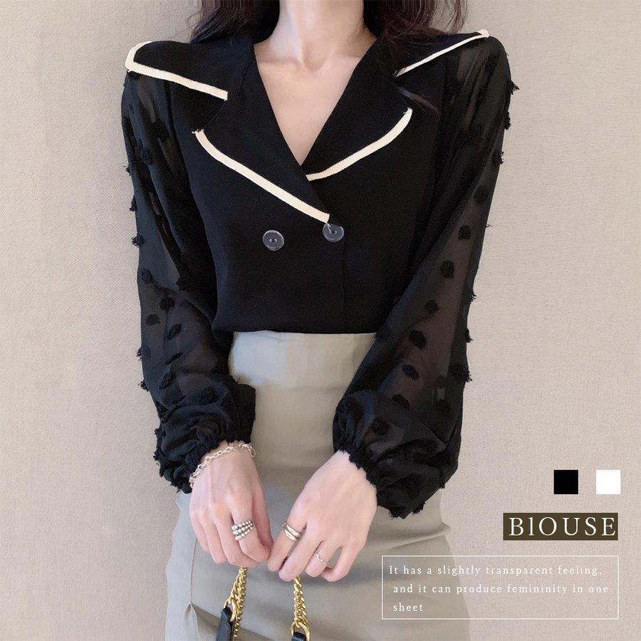 ニット切り替え シャツブラウス レディース Vネックシャツ ダブルブレスト トップス 透け感 長袖 スキッパーブラウス 韓国風 バレンタイン 2023 プレゼント