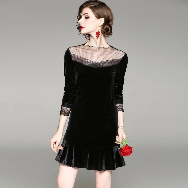 返品交換不可パーティードレス 欧米ブランドデザインレディース セレブ満点可愛い レース長袖 花柄 ベルベット生地　ワンピース 長袖 ドレス 二次会 ショート丈 ミディアム フレア パーティードレス 披 4,798円