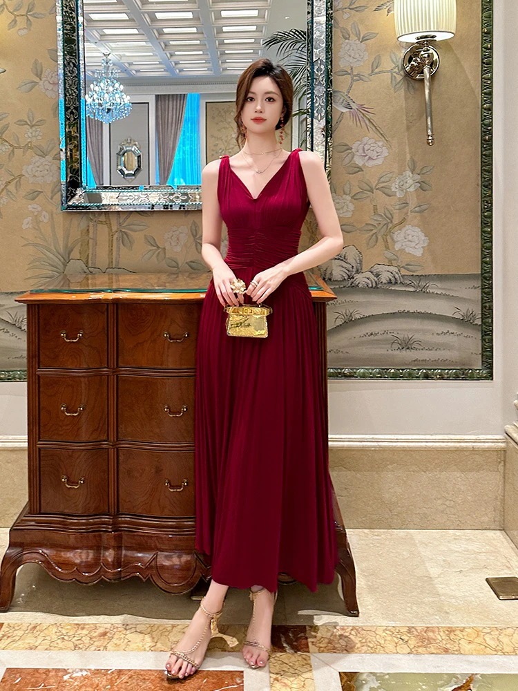 新款 2024夏新品 ワインレッド vネック キャミ ノースリーブ ロング ドレス パーティー キャバ 大人 同窓会 披露宴 卒業式 結婚式 演奏会 ウェディング 二次会 メガ割