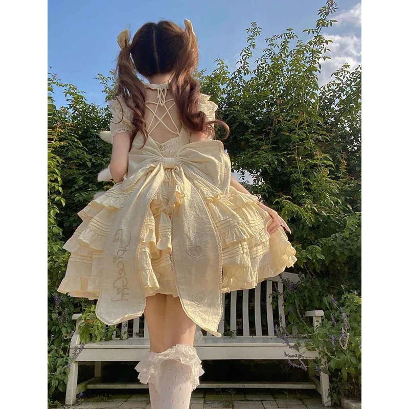 背中に大きなリボンが付いたクリームイエローのロリータドレスopドレスロリータプリンセスドレス