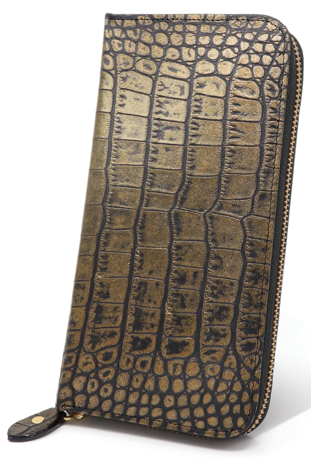 [LEZOPHIS] クロコダイル 長財布 【風水師監修】 金運 財布 牛革 型押し ワニ革 開運 男女兼用 (ブラックゴールド)