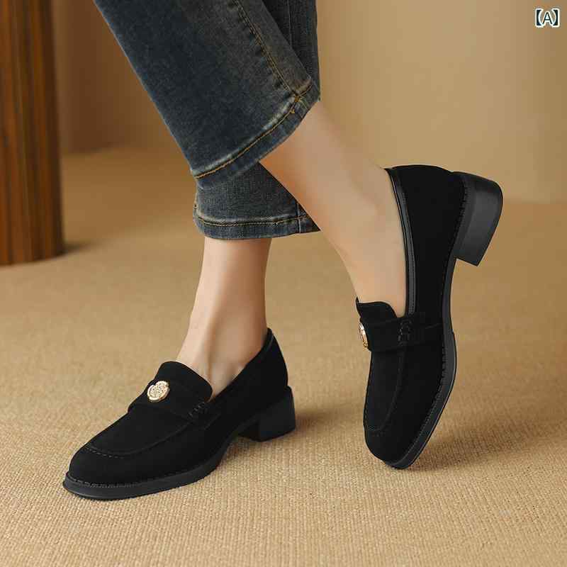 ローファー レディース オフィス ビジネス 通勤 仕事 羊 スエード フレンチ 椿 革 厚手 ヒール シングル シューズ スリム 裏起毛 小さい 革靴 大きいサイズ