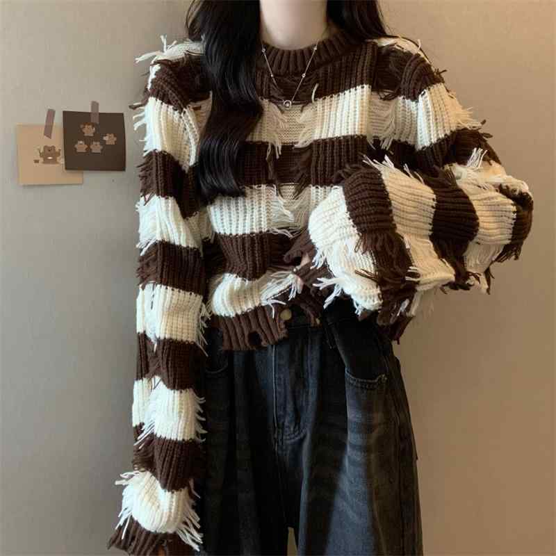 レディース トップス ニット オシャレ 韓国 スタイル カワイイ カジュアル セーター カーディガン 長袖 ニット 秋 冬 インナー デザイン ルーズ メイラード コントラスト カラーストライプ タッ