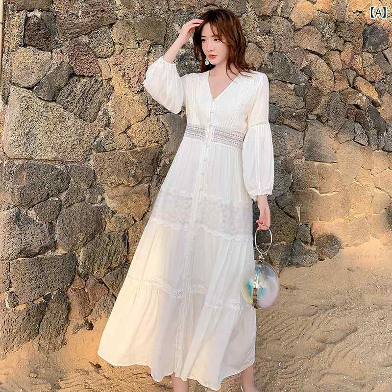 ワンピース レディース フランス レトロ 白い レース ドレス フェアリー スカート スリム ロング スカート 旅行 海辺 ビーチ スカート 5,188円