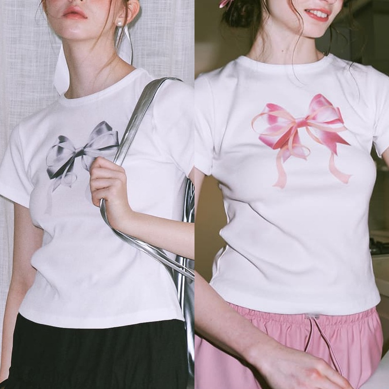 [NewJeans ハニ 着用] DOUBLE RIBBON SLIM CROP T SHIRT 韓国 アイドル クロップド丈 半袖 トップス Tシャツ 夏 レディース