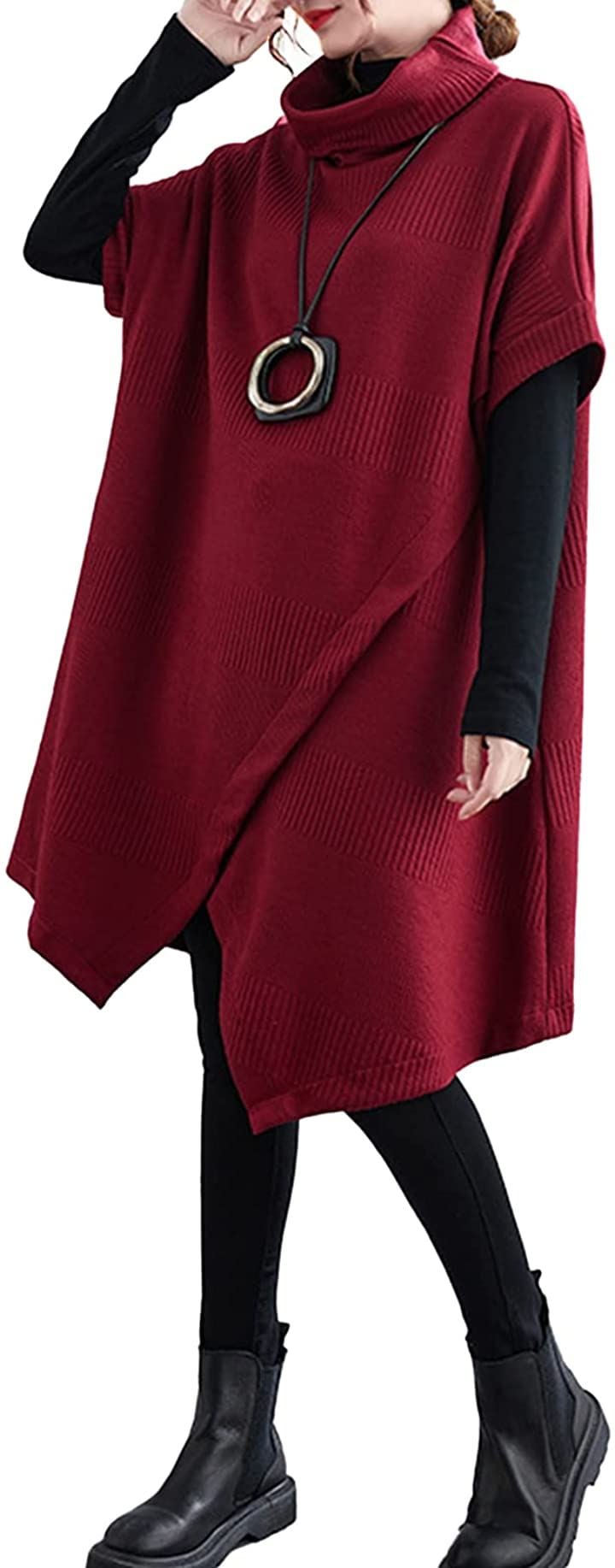 マリアマーファ タートル ニット ワンピース チュニック(レッド, XL)