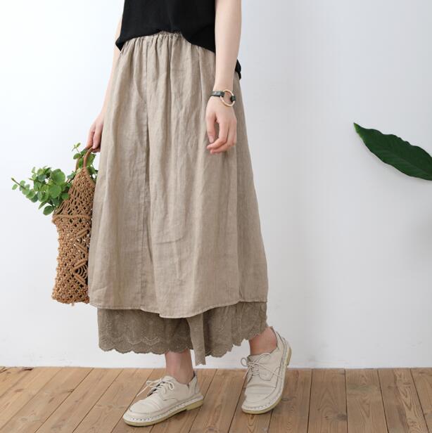 【夏セール！】ペチスカート　レース リネンスカート レディース 楽ちん ウエストゴム リラックス 刺繍 森ガールスカート コットン 綿 カジュアル ボトムス メール便 2021春夏 S/M/L